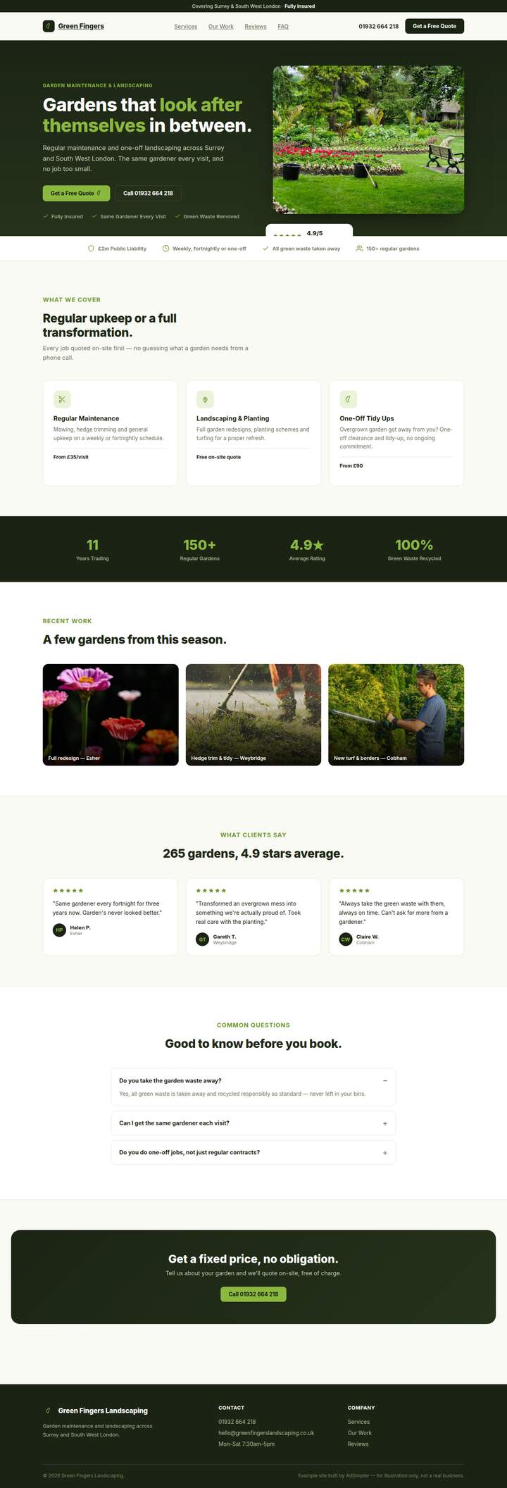 Screenshot of the Green Fingers Landscaping example site