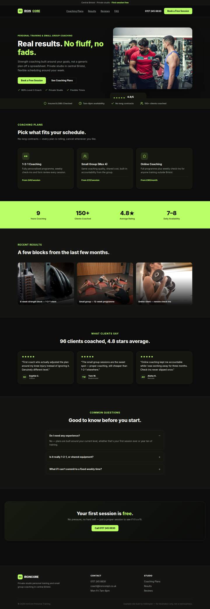 Screenshot of the IronCore Personal Training example site