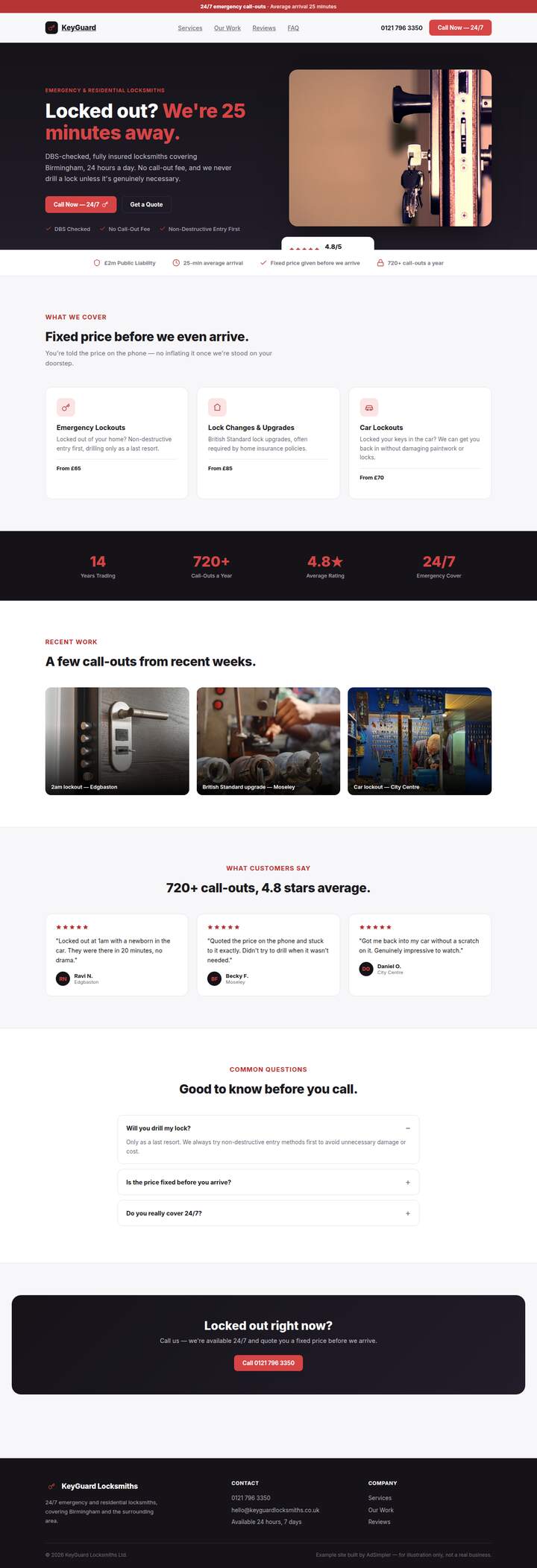 Screenshot of the KeyGuard Locksmiths example site
