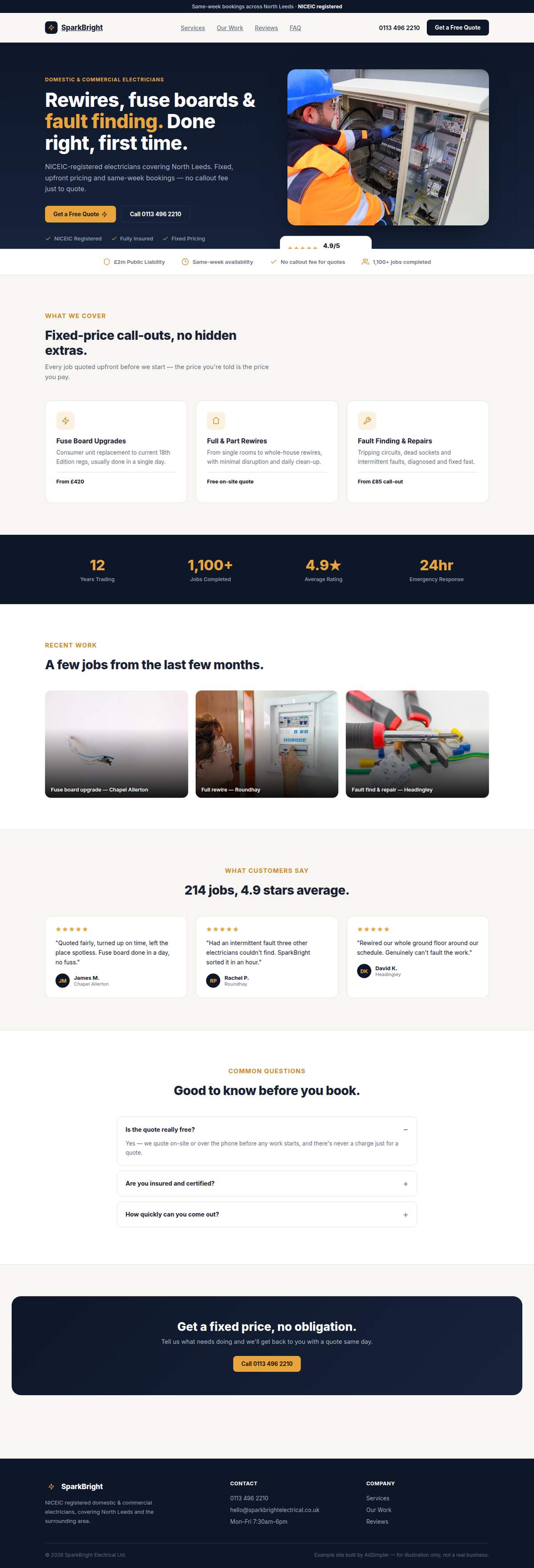 The full SparkBright Electrical example site on a laptop: services with prices, recent work, reviews and FAQs