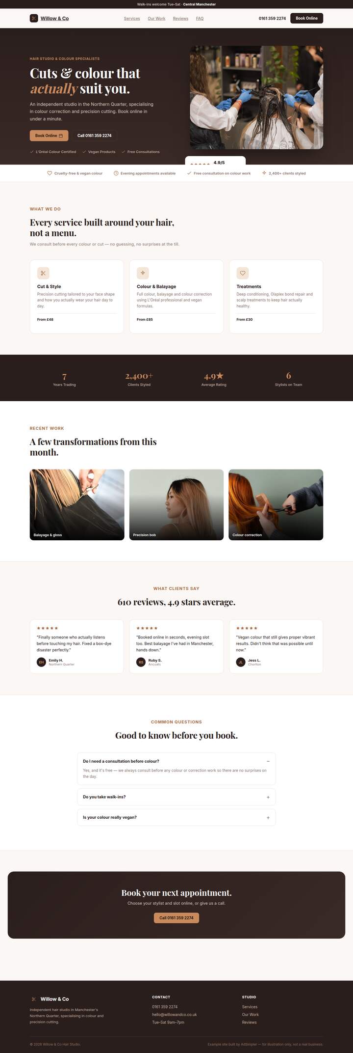 Screenshot of the Willow & Co Hair Studio example site