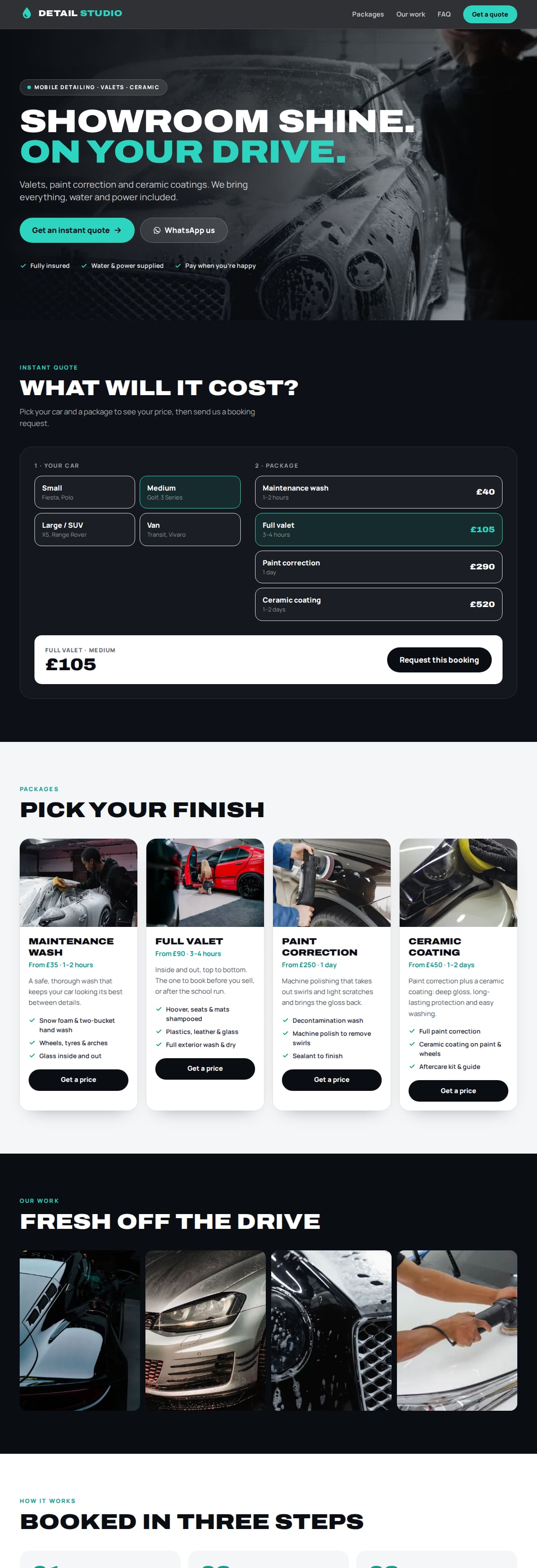 An example detailing website on a laptop: instant quote, packages and prices, gallery and how booking works