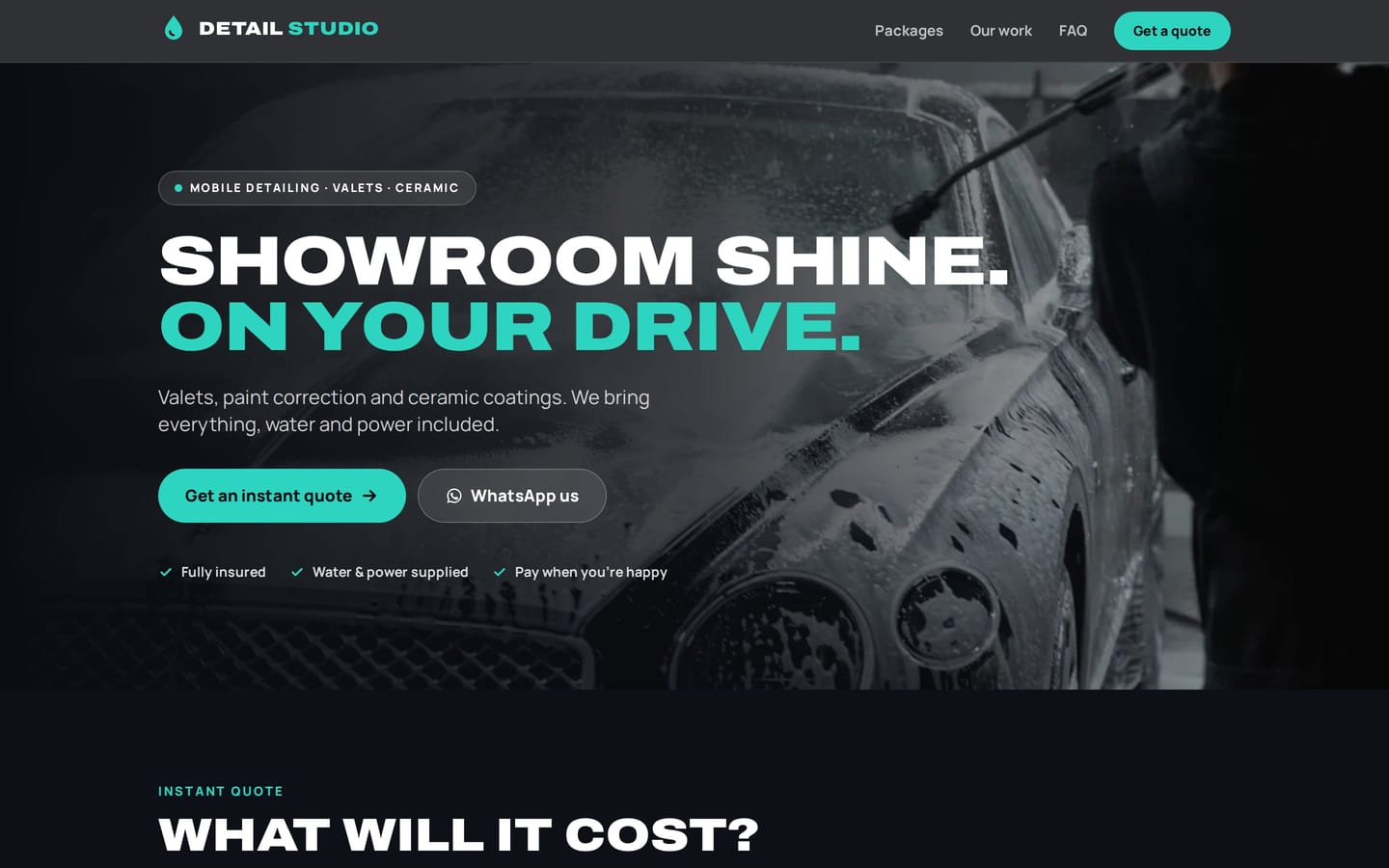 Example detailing website by AdSimpler, with an instant quote and packages