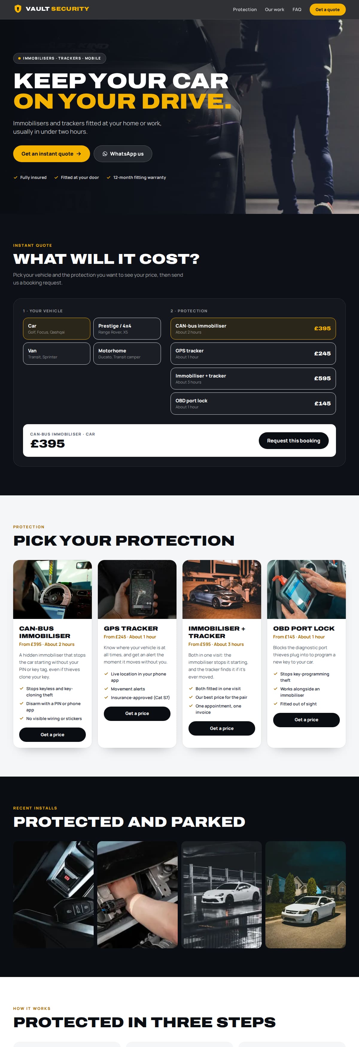 An example vehicle security website on a laptop: instant quote, products and prices, recent installs and questions