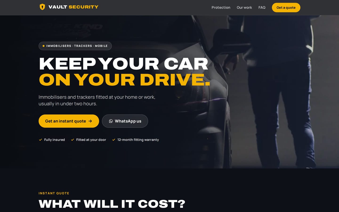 Example vehicle security website by AdSimpler, with an instant quote and products