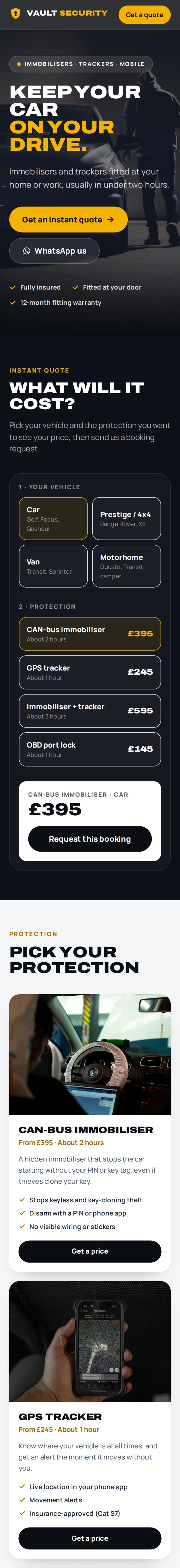 The example vehicle security website on a phone