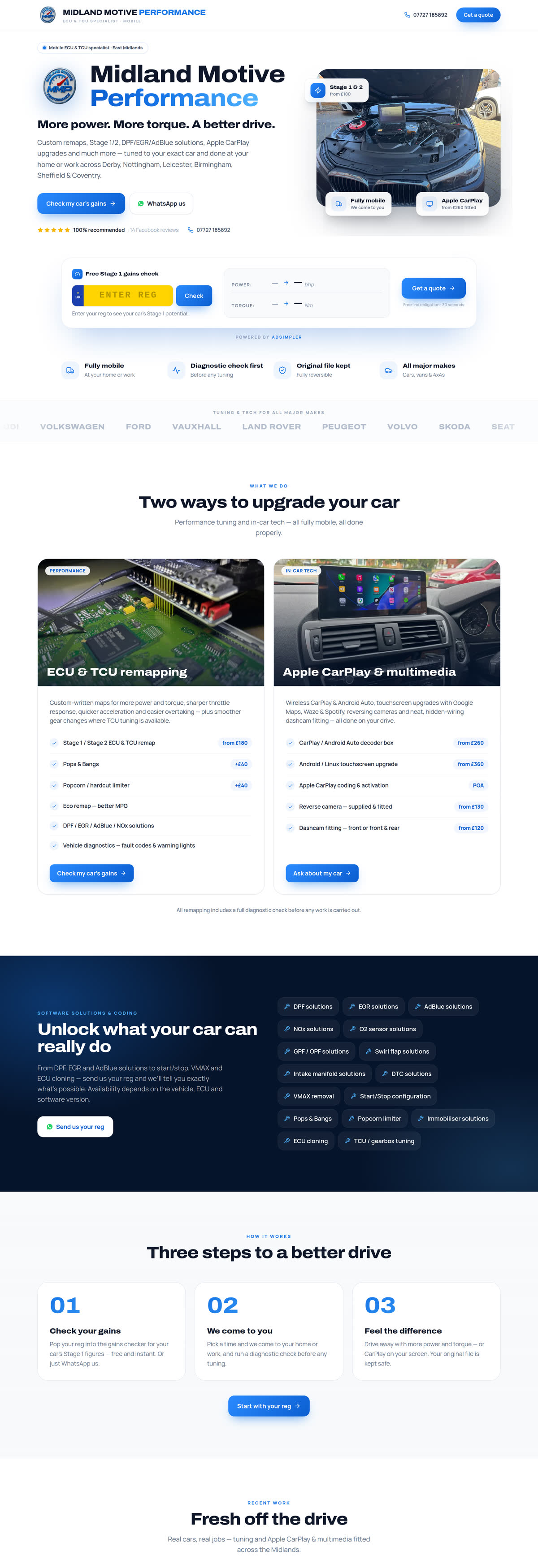 The full Midland Motive Performance website: gains check, remapping and CarPlay services, how it works and recent work