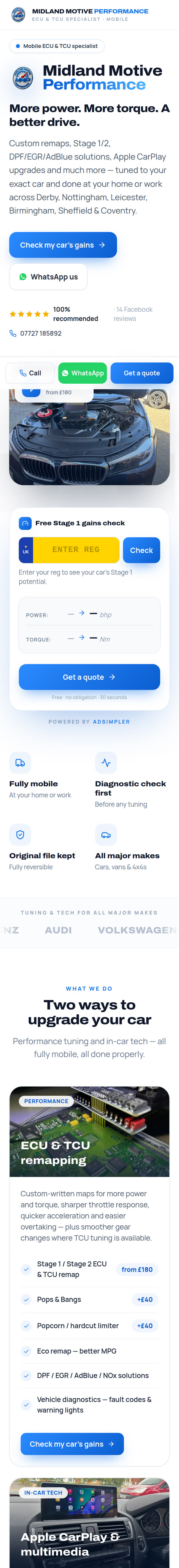 The Midland Motive Performance website on a phone