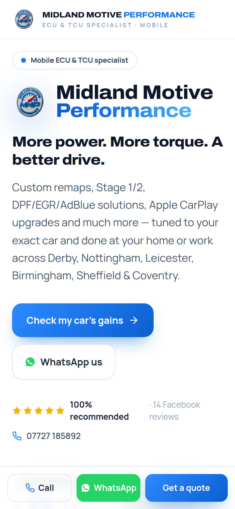 The Midland Motive Performance site on a phone, with Call, WhatsApp and Get a quote buttons fixed to the bottom of the screen